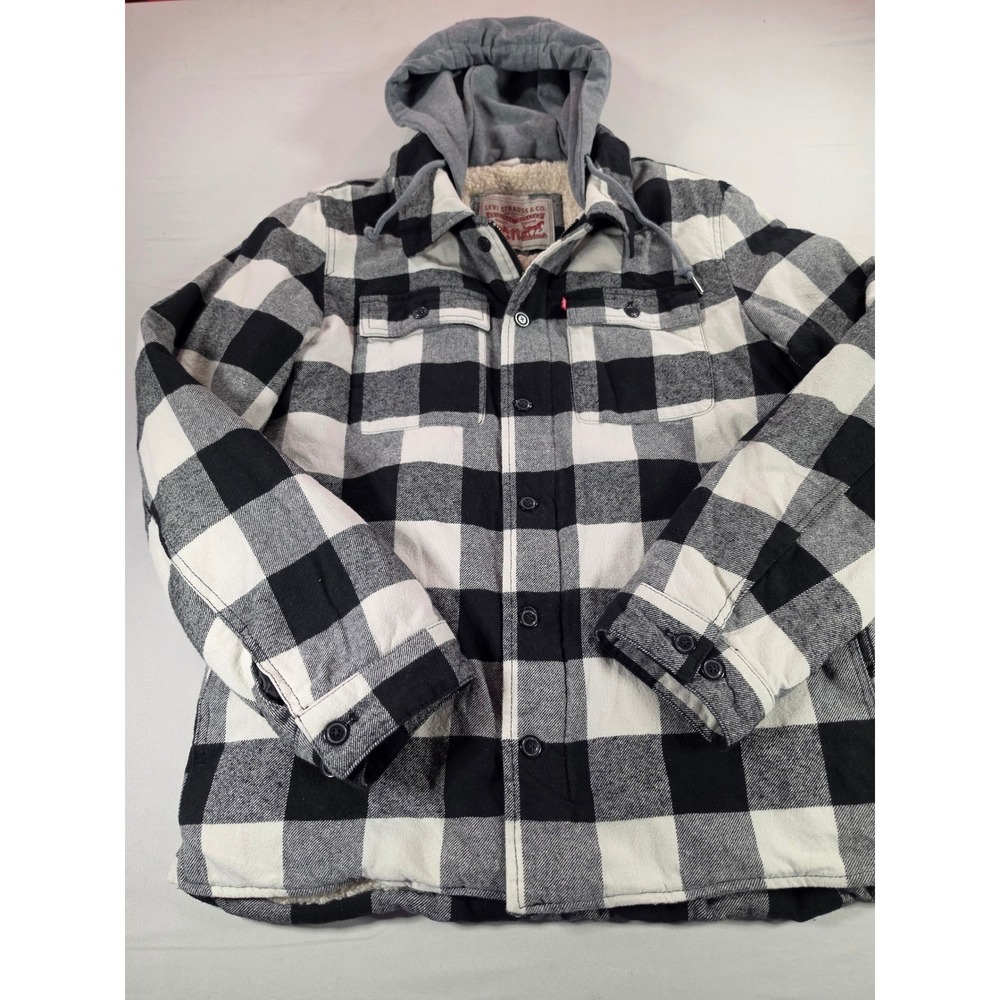 Levis Mens Sherpa Lined Hooded Flannel Shirt Jacket Buffalo Plaid Black White S